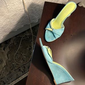 Blue suede, lime, leather 3 inch wedge